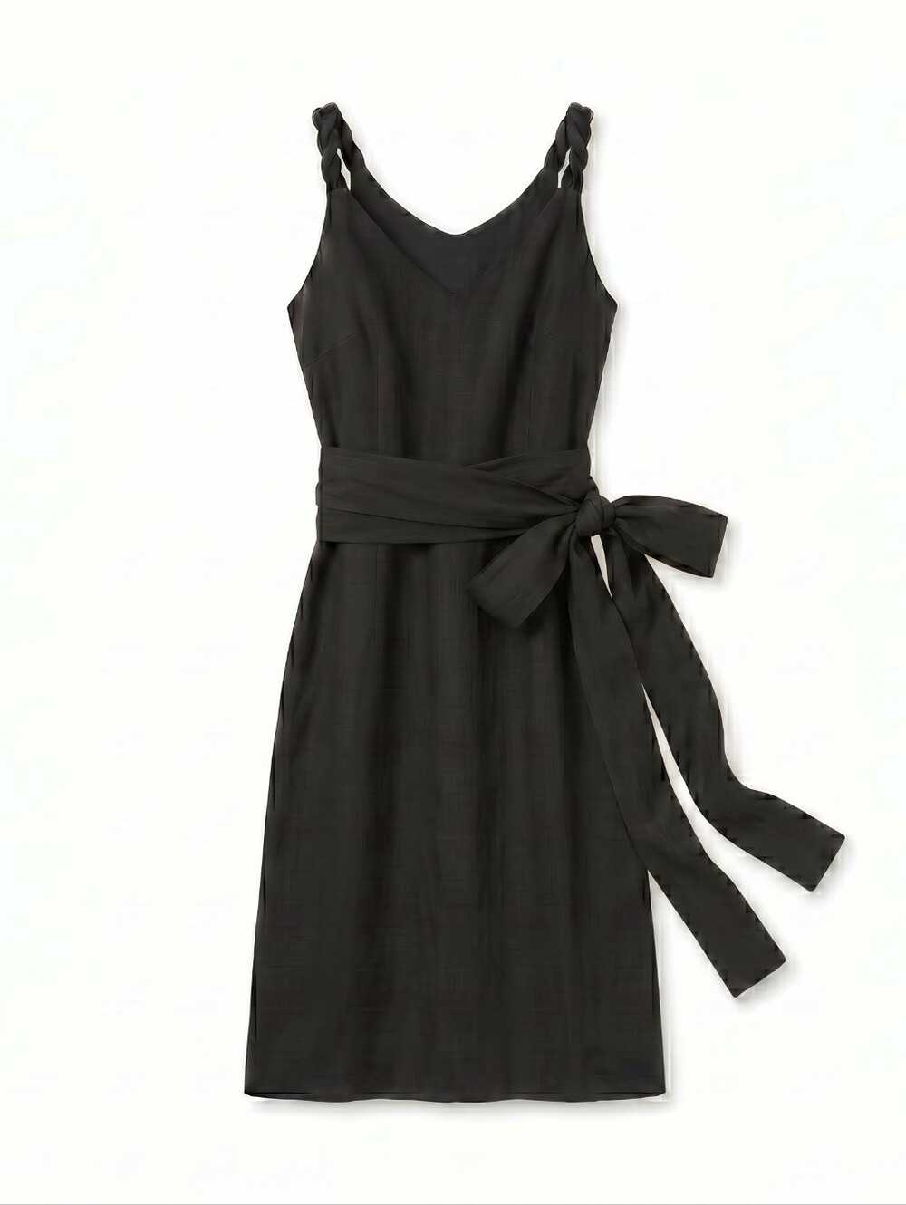 Pavietra Black Linen Dress Braided Straps Self-Tie Belt V-Neck Side Slits Midi - Picture 2 of 6